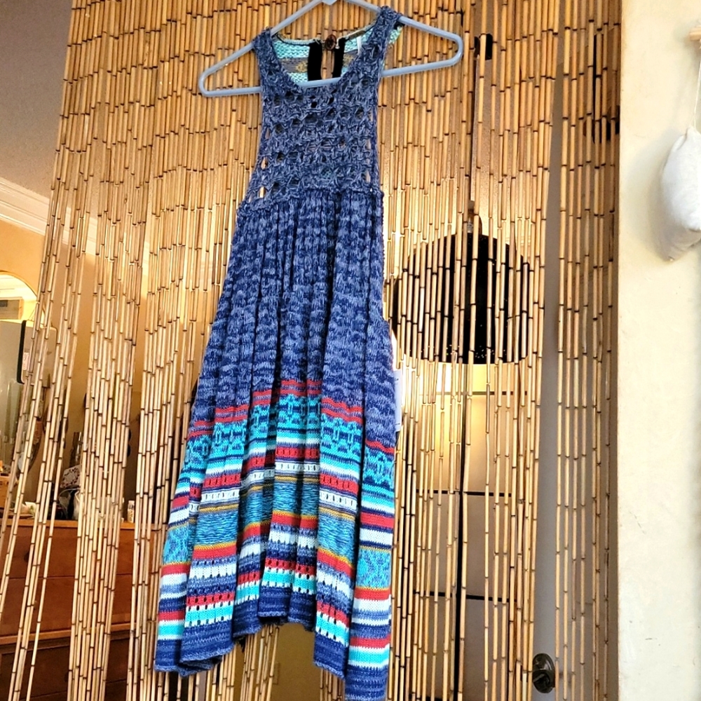 Free People Blue Multicolor Crochet Knit Maxi Tunic